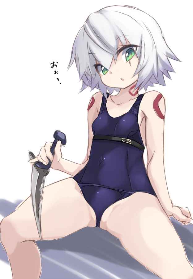 bangs bare_shoulders blue_eyes blue_swimsuit breasts collarbone covered_navel dagger eyebrows_visible_through_hair facial_scar fate/apocrypha fate/grand_order fate_(series) female green_eyes hand_up holding holding_dagger holding_weapon jack_the_ripper_(fate/apocrypha) japanese_text karukan_(monjya) knife looking_at_viewer one-piece_swimsuit open_mouth scar scar_across_eye scar_on_cheek short_hair shoulder_tattoo simple_background sitting small_breasts solo spread_legs swimsuit tattoo translation_request weapon white_background white_hair