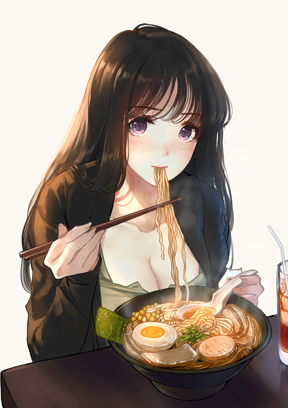 1girl bangs black_hair black_jacket blush bowl breasts caidychen chopsticks cleavage collarbone cup drink drinking_glass drinking_straw eating egg eyebrows_visible_through_hair food food_in_mouth hardboiled_egg highres holding holding_chopsticks holding_spoon jacket large_breasts long_hair looking_at_viewer meat noodles nori_(seaweed) open_clothes open_jacket original purple_eyes ramen simple_background sitting solo spoon spring_onion steam symbol-only_commentary table upper_body white_background