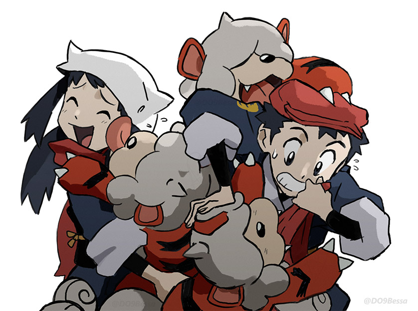 1boy 1girl :d akari_(pokemon) black_hair black_undershirt clenched_teeth closed_eyes commentary do9bessa english_commentary flying_sweatdrops hat head_scarf hisuian_form hisuian_growlithe jacket licking licking_face open_mouth pokemon pokemon_(creature) pokemon_(game) pokemon_legends:_arceus raised_eyebrows red_headwear red_scarf rei_(pokemon) sash scarf smile teeth tongue undershirt white_headwear