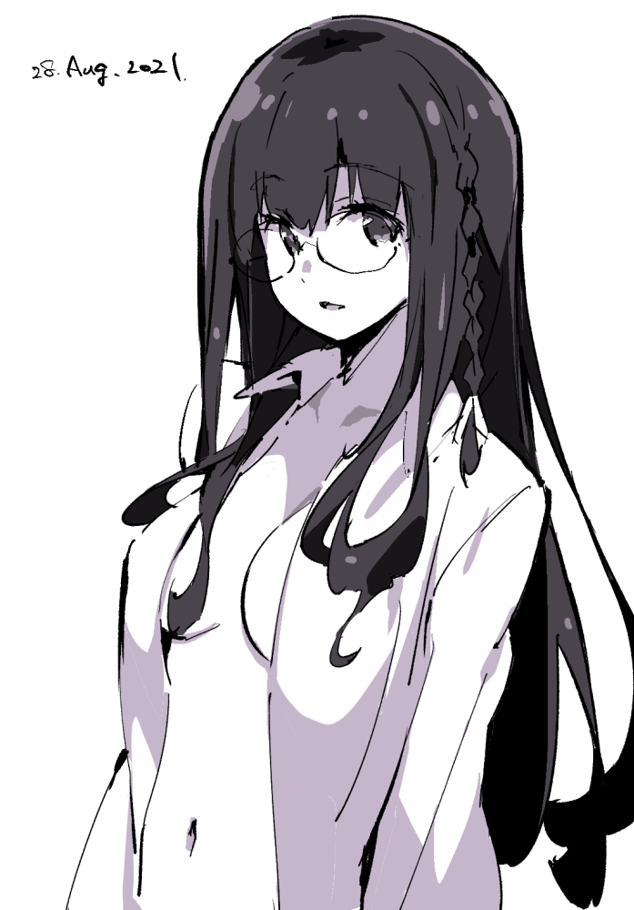 1girl black_hair braid breasts dated glasses long_hair long_sleeves looking_at_viewer medium_breasts naked_shirt navel open_clothes open_shirt original parted_lips round_eyewear shirt simple_background sketch smile solo tabata_hisayuki upper_body white_background