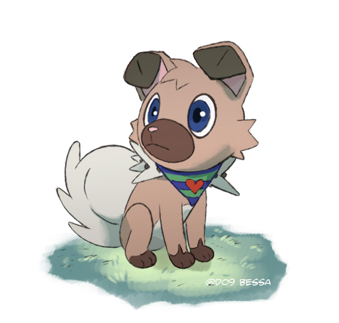 blue_eyes closed_mouth commentary do9bessa dog full_body gen_7_pokemon looking_to_the_side no_humans pokemon pokemon_(creature) rockruff sitting solo striped striped_neckwear toes