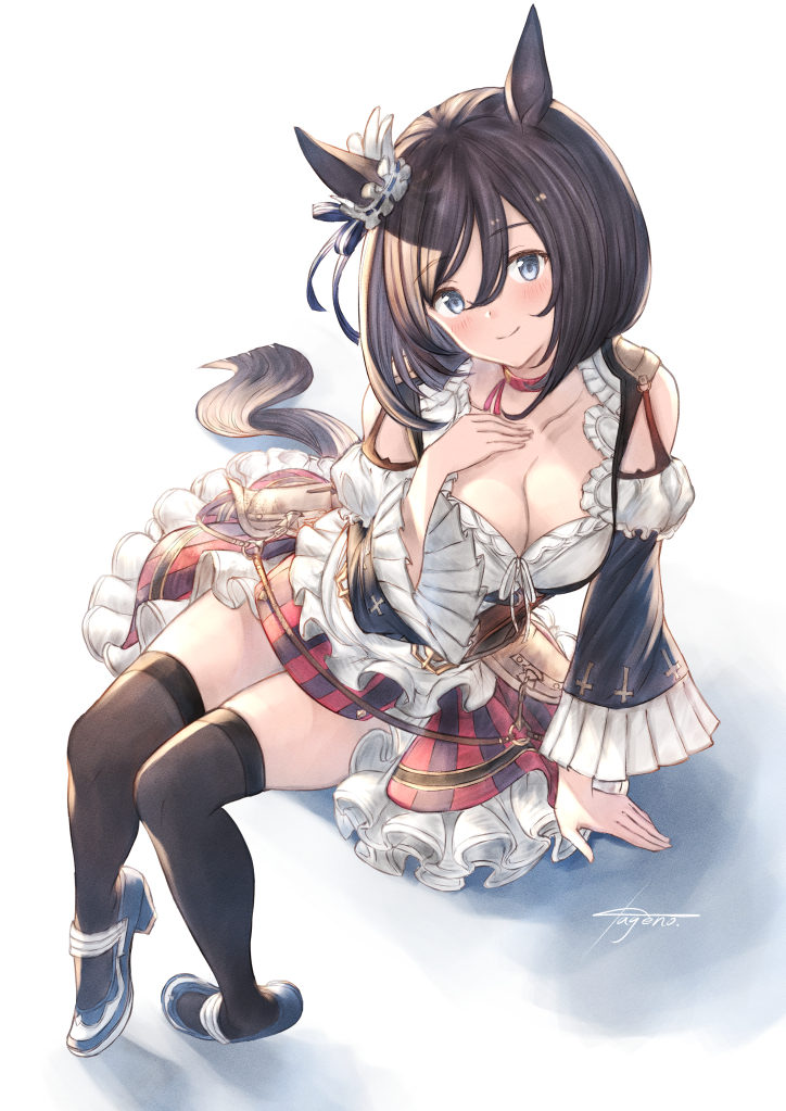 1girl animal_ears bare_shoulders black_hair black_legwear blue_eyes blue_footwear blush breasts choker cleavage closed_mouth collarbone colored_stripes detached_sleeves ear_ornament eishin_flash_(umamusume) frilled_skirt frilled_sleeves frills full_body hair_between_eyes hand_on_own_chest horse_ears horse_girl horse_tail kageno_96 large_breasts leaning_to_the_side long_sleeves looking_at_viewer red_choker short_hair signature simple_background sitting skirt smile solo striped tail thighhighs umamusume vertical-striped_skirt vertical_stripes white_background zettai_ryouiki