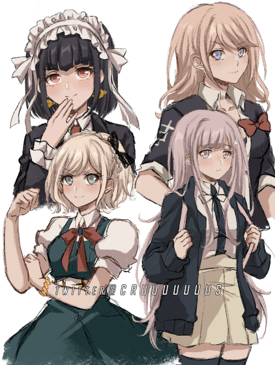 4girls alternate_hair_length alternate_hairstyle arm_up backpack bag bangs black_bow black_hair black_shirt blonde_hair blue_eyes blunt_bangs bow bow_shirt brown_hair brown_skirt celestia_ludenberg clenched_hand collarbone commentary criis-chan danganronpa:_trigger_happy_havoc danganronpa_(series) danganronpa_2:_goodbye_despair earrings english_commentary enoshima_junko hair_bow hand_on_own_arm hand_to_own_mouth hand_up holding_strap jewelry long_hair long_sleeves looking_at_viewer medium_hair multiple_girls nanami_chiaki neck_ribbon pleated_skirt puffy_short_sleeves puffy_sleeves red_bow red_neckwear red_ribbon ribbon shirt shirt_tucked_in short_hair short_sleeves simple_background skirt smile sonia_nevermind thighhighs two-tone_shirt white_background white_shirt zettai_ryouiki