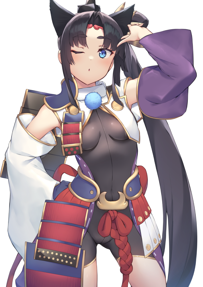 1girl armor asymmetrical_sleeves bangs black_bodysuit black_hair blue_eyes blush bodysuit breast_curtains breasts covered_navel detached_sleeves fate/grand_order fate_(series) feather_hair_ornament feathers hair_bun hair_ornament hat heroic_spirit_tour_outfit japanese_armor long_hair looking_at_viewer medium_breasts mismatched_sleeves one_eye_closed open_mouth p!nta parted_bangs side_bun side_ponytail sidelocks solo thighs ushiwakamaru_(fate) very_long_hair wide_sleeves