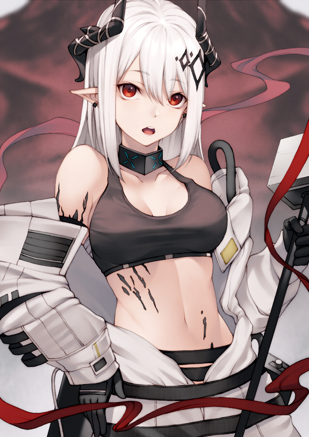 1girl arknights bangs banned_artist bare_shoulders black_gloves breasts cleavage collarbone commentary_request crop_top eyebrows_visible_through_hair gloves hair_between_eyes hammer hand_on_hip holding holding_hammer holding_weapon horns kyoeiki large_breasts long_hair looking_at_viewer midriff mudrock_(arknights) navel off_shoulder open_mouth oripathy_lesion_(arknights) partial_commentary pointy_ears red_eyes sarashi silver_hair solo sports_bra stomach upper_body weapon