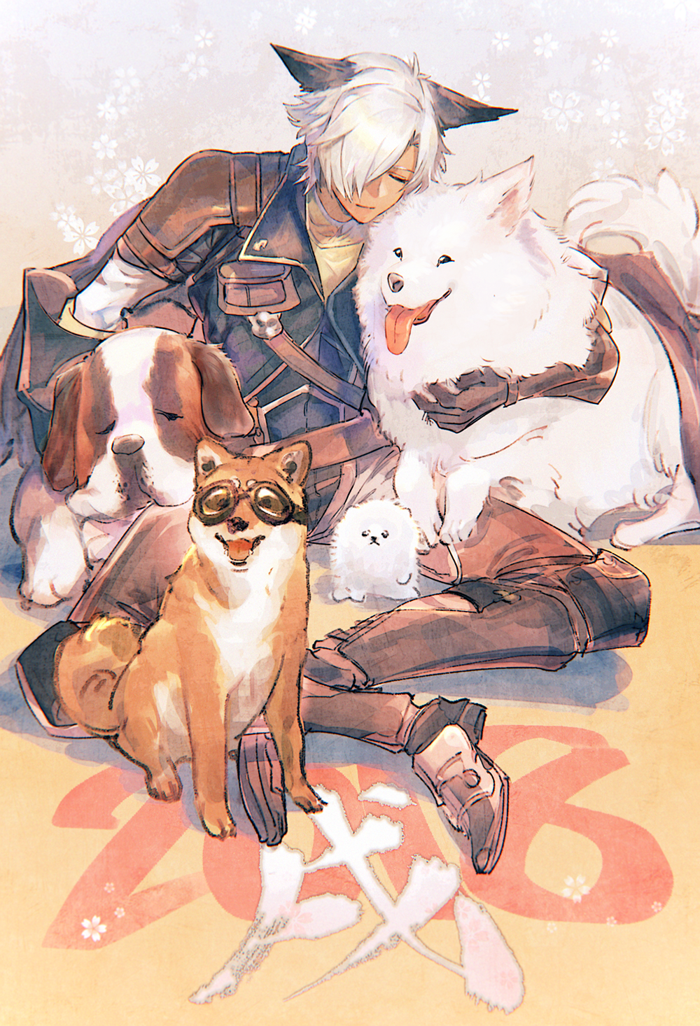 1boy animal_ears armor closed_eyes closed_mouth dog eustace_(granblue_fantasy) fantasy fluffy goggles granblue_fantasy highres leather_armor me_(mikannu) open_mouth sitting sleeping smile solo white_hair