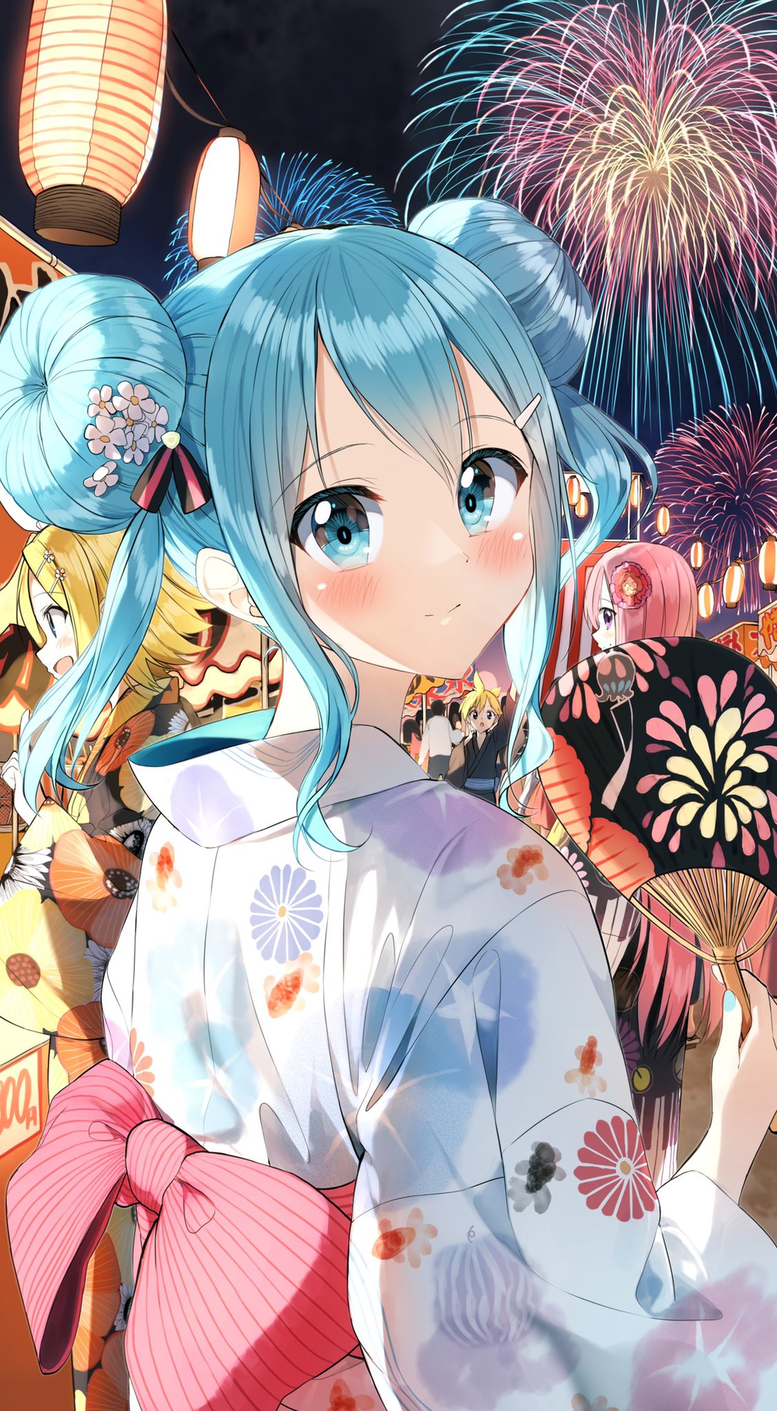 1boy 3girls aerial_fireworks black_kimono blonde_hair blue_eyes blue_hair blue_nails bow brother_and_sister closed_mouth commentary double_bun fireworks floral_print flower hair_flower hair_ornament hand_fan hatsune_miku highres holding holding_fan japanese_clothes kagamine_len kagamine_rin kimono lantern long_hair long_sleeves looking_at_viewer looking_back megurine_luka multiple_girls nail_polish night night_sky obi outdoors paper_fan paper_lantern pentagon_(railgun_ky1206) pink_bow pink_hair print_kimono purple_eyes red_flower sash siblings sky stall striped striped_bow summer_festival twintails uchiwa upper_body vocaloid white_flower white_kimono wide_sleeves