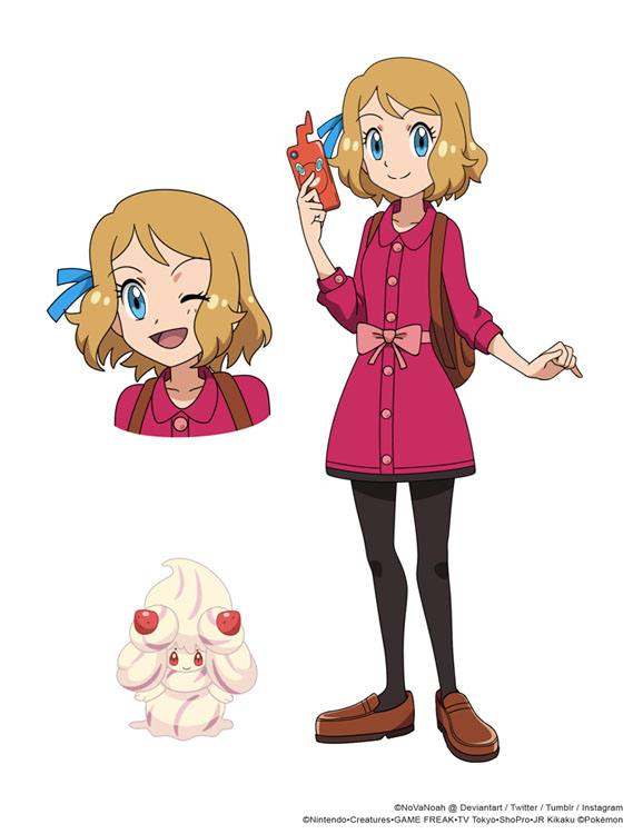 1girl ;d alcremie alcremie_(strawberry_sweet) bangs black_legwear blue_eyes bow brown_footwear buttons closed_mouth collared_dress commentary dress english_commentary eyelashes gen_4_pokemon gen_8_pokemon holding holding_phone light_brown_hair multiple_views noelia_ponce one_eye_closed open_mouth pantyhose phone pink_dress pokemon pokemon_(anime) pokemon_(creature) pokemon_xy_(anime) rotom rotom_phone serena_(pokemon) shoes smile standing tongue watermark