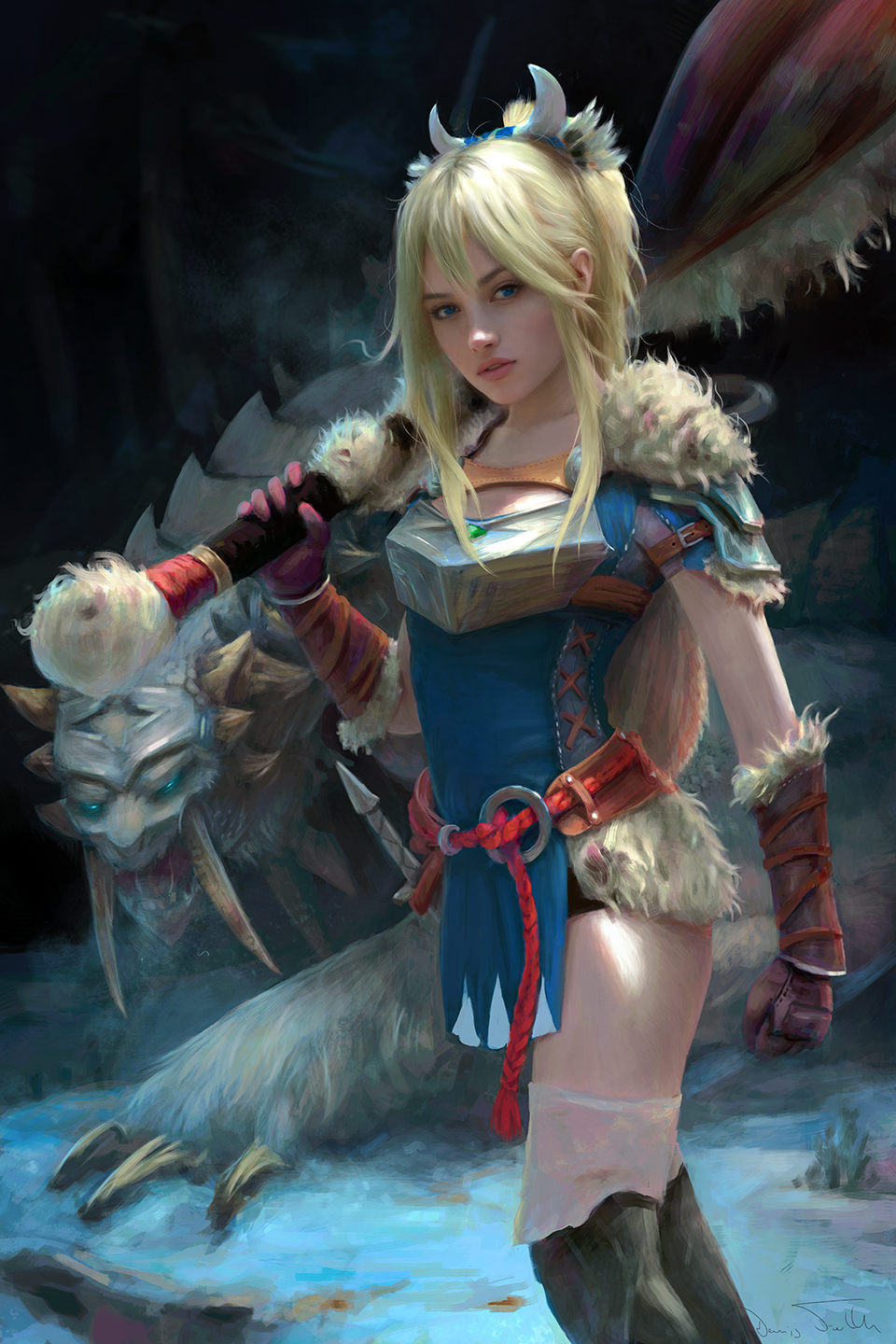 1girl armor ayuria barioth blonde_hair breastplate claws dark_background dennis_frohlich fake_horns fur_trim glowing glowing_eyes highres horned_headwear horns looking_at_viewer monster_hunter_(series) monster_hunter_stories monster_hunter_stories_2 over_shoulder parted_lips shoulder_armor standing tusks weapon weapon_over_shoulder