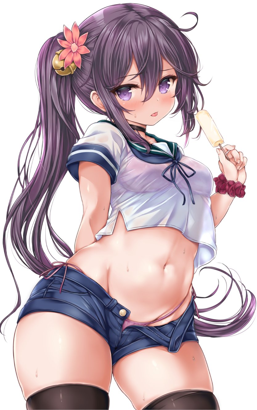 1girl akebono_(kancolle) alternate_costume bell bikini bikini_bottom black_legwear blue_shorts blush breasts commentary_request cowboy_shot crop_top denim denim_shorts eyebrows_visible_through_hair flower food green_sailor_collar groin hair_bell hair_between_eyes hair_flower hair_ornament highleg highres holding holding_food jingle_bell kantai_collection long_hair looking_at_viewer midriff navel nijimoto_hirok open_fly pink_bikini pink_flower popsicle purple_eyes purple_hair red_scrunchie sailor_collar school_uniform scrunchie see-through serafuku short_shorts short_sleeves shorts side_ponytail simple_background skindentation solo sweat swimsuit thighhighs thighs tongue tongue_out very_long_hair white_background wrist_scrunchie
