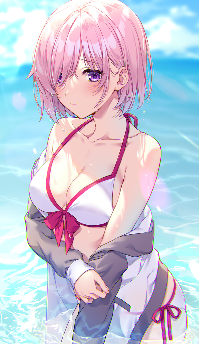 1girl beach bikini blue_sky blurry blurry_background blush breasts cleavage day depth_of_field fate/grand_order fate_(series) hair_over_one_eye highres hood hoodie jacket kuroki_(ma-na-tu) light_purple_hair looking_at_viewer mash_kyrielight medium_breasts off_shoulder outdoors partially_submerged purple_eyes revision short_hair sky solo swimsuit swimsuit_of_perpetual_summer water wet wet_hair white_bikini white_swimsuit