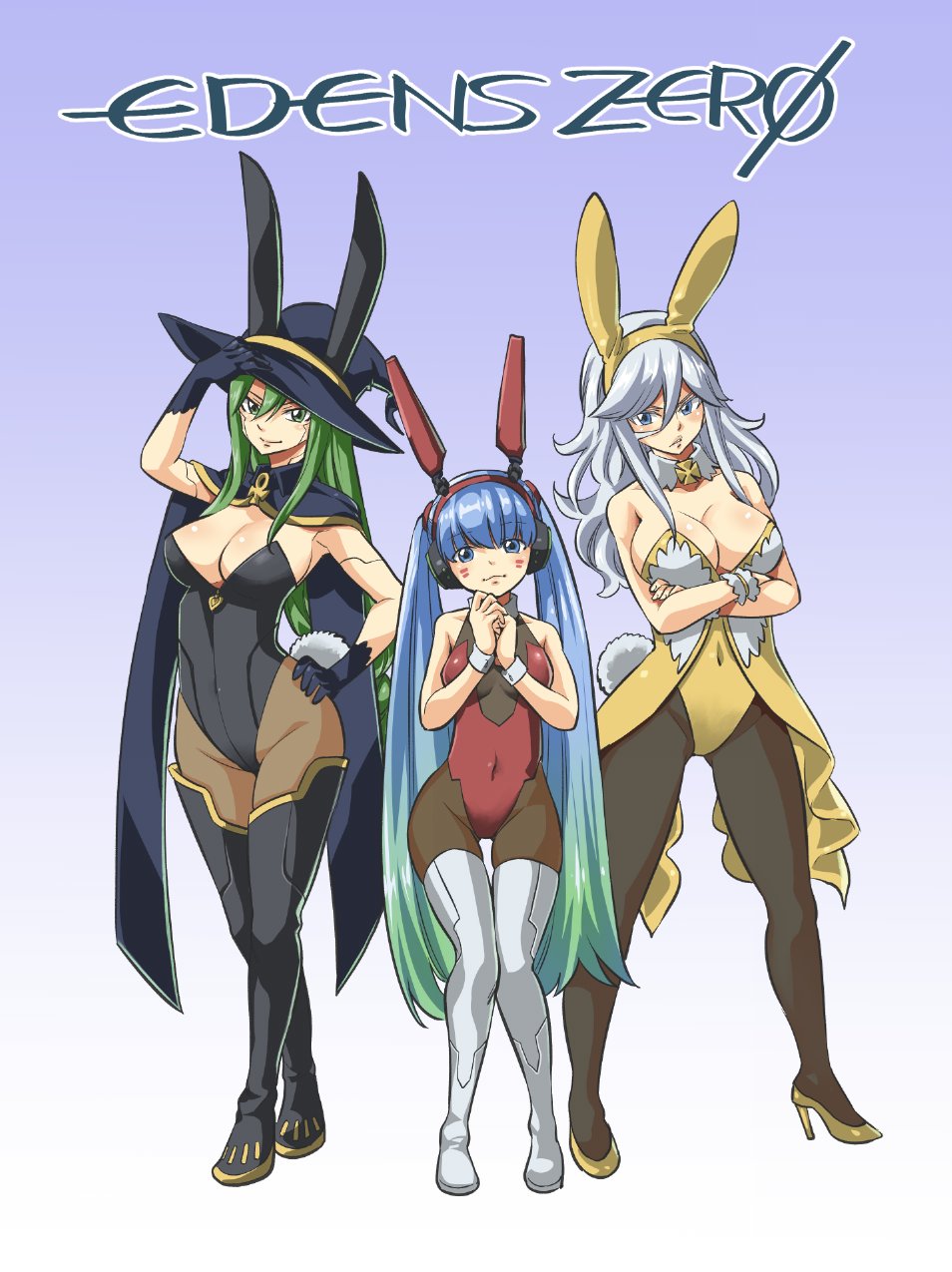 3girls animal_ears bangs bare_shoulders black_gloves black_legwear blue_background blue_eyes blue_hair boots breasts cape cat_ears cleavage closed_mouth copyright_name covered_navel crossed_arms detached_collar eden's_zero eyebrows_visible_through_hair facial_mark fake_animal_ears fake_tail gloves gradient gradient_background green_eyes green_hair grin hair_between_eyes hand_on_headwear hand_on_hip hat headphones hermit_mio high_heels highres knees_together_feet_apart large_breasts long_hair looking_at_viewer mashima_hiro medium_breasts multicolored_hair multiple_girls official_art pantyhose playboy_bunny rabbit_ears rabbit_tail shiny shiny_hair shoes silver_hair sister_ivry smile standing tail thigh_boots thigh_gap thighhighs thighs twintails two-tone_hair very_long_hair white_legwear witch_hat witch_regret wrist_cuffs yellow_footwear
