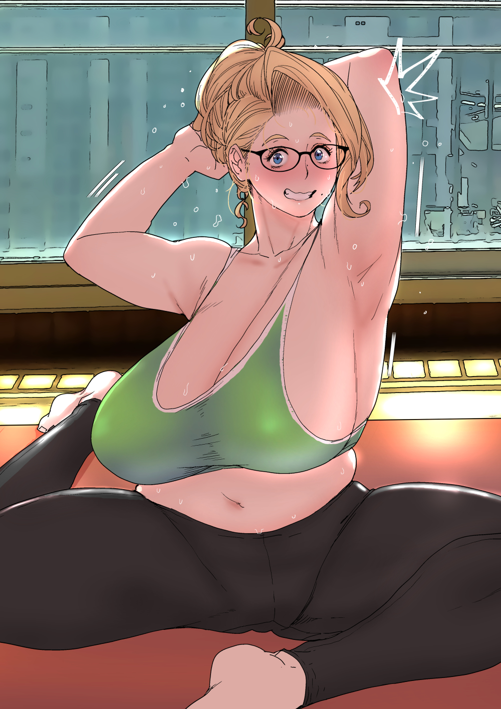 1girl ^^^ armpits belly blonde_hair blue_eyes breasts butcherboy cleavage curvy glasses grin highres huge_breasts looking_at_viewer mature_female midriff navel original pants plump smile solo updo yoga yoga_pants