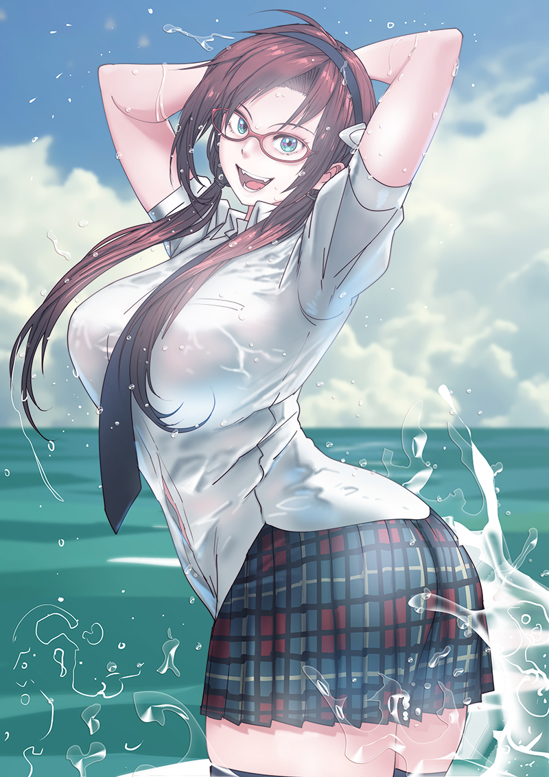1girl :d arms_behind_head arms_up black_hairband black_legwear blue_eyes blue_sky breasts brown_hair butcherboy cloud cloudy_sky collared_shirt commentary cumulonimbus_cloud day fangs from_behind glasses hairband large_breasts looking_at_viewer looking_back makinami_mari_illustrious necktie neon_genesis_evangelion ocean open_mouth outdoors plaid plaid_skirt pleated_skirt rebuild_of_evangelion red-framed_eyewear school_uniform shirt short_sleeves skirt sky smile solo teeth thighhighs twintails wading water wet wet_clothes white_shirt