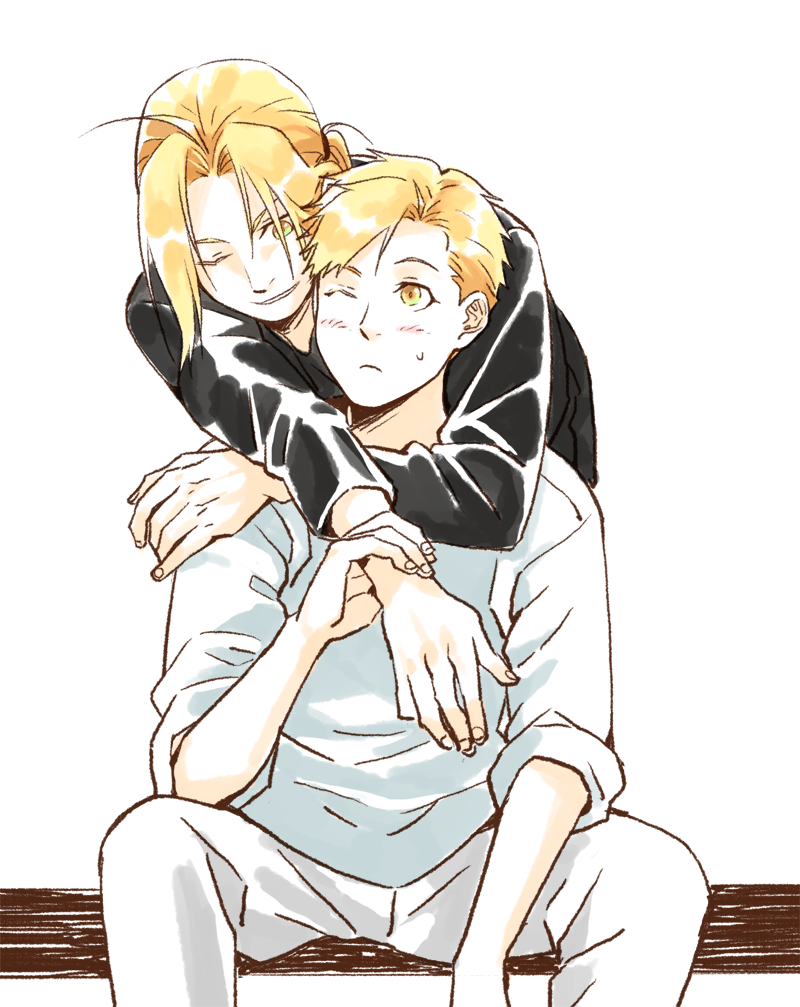 2boys :&lt; ahoge alphonse_elric arms_around_neck bangs bent_over between_legs black_shirt blonde_hair brothers closed_mouth edward_elric elbow_on_knee feet_out_of_frame fingernails fullmetal_alchemist hand_between_legs hand_on_another's_shoulder hand_up heads_together hug hug_from_behind light_blush light_smile long_sleeves looking_at_another looking_back looking_down looking_to_the_side male_focus multiple_boys one_eye_closed pai_(1111) pants parted_bangs parted_lips shiny shiny_hair shirt siblings simple_background sitting sleeves_rolled_up spread_legs sweatdrop swept_bangs tareme white_background white_pants white_shirt wrist_grab yellow_eyes