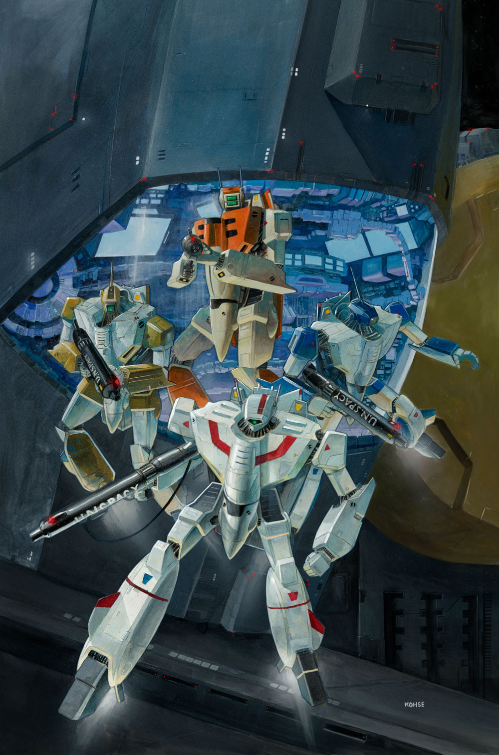 aiming choujikuu_yousai_macross cover cover_image energy_cannon english_commentary fleet gunpod highres leekohse lights machinery macross mecha official_art painting_(medium) promotional_art protecting radar_dish realistic retro_artstyle robotech roundel scan sdf-1 signature space space_craft thrusters traditional_media u.n._spacy variable_fighter vf-1 vf-1a vf-1d vf-1j vf-1s zero_gravity