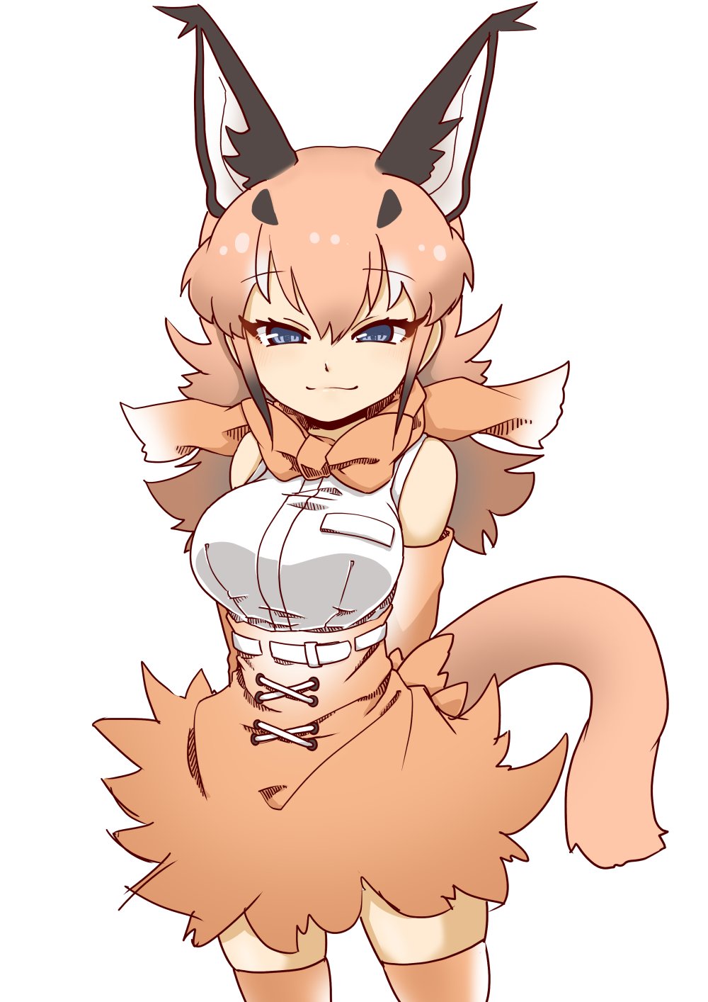 1girl 370ml animal_ears arms_behind_back belt blue_eyes bow bowtie brown_gloves brown_legwear brown_neckwear brown_skirt caracal_(kemono_friends) closed_eyes closed_mouth commentary elbow_gloves extra_ears eyebrows_visible_through_hair gloves half-closed_eyes high-waist_skirt highres kemono_friends light_brown_hair long_hair looking_at_viewer miniskirt shirt short_hair simple_background skirt sleeveless sleeveless_shirt smile solo standing tail thighhighs white_background white_belt white_shirt