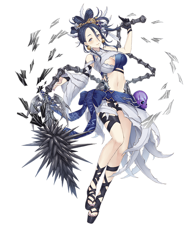 1girl asymmetrical_clothes black_hair breasts earrings flail full_body hair_between_eyes jewelry ji_no kaguya_(sinoalice) large_breasts looking_at_viewer nail_polish official_art platform_footwear revealing_clothes sinoalice skull solo transparent_background waist_bow weapon