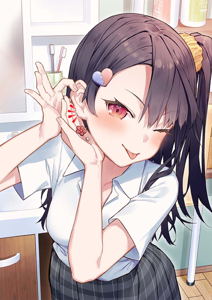 1girl ;p black_hair blush breasts broken_heart commentary cup hair_ornament hair_scrunchie heart heart_hair_ornament long_hair looking_at_viewer munakata_hinano one_eye_closed one_side_up original red_eyes school_uniform scrunchie side_ponytail skirt smile solo tokuno_yuika tongue tongue_out toothbrush yellow_scrunchie