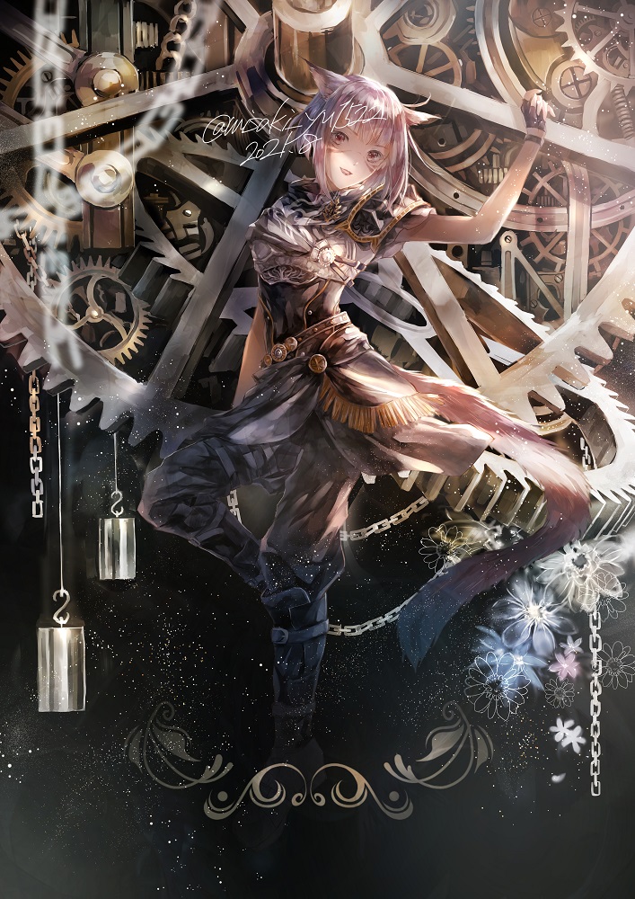 1girl animal_ears arm_up armor bangs boot_straps boots brown_eyes cat_ears cat_tail chain chest_armor dated facial_mark final_fantasy final_fantasy_xiv fingerless_gloves gears gloves miqo'te misaki_yuu_(misaki_1192) original pants parted_lips purple_hair short_hair shoulder_armor skirt solo tail twitter_username weights