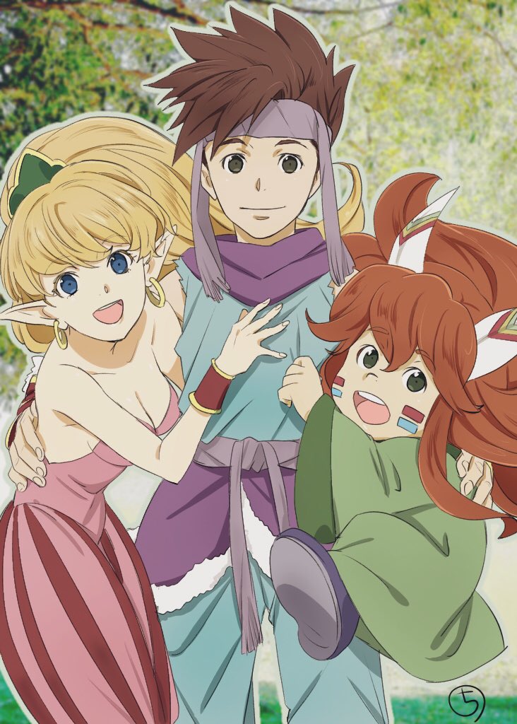 1boy 1girl 1other androgynous bare_shoulders blonde_hair blue_eyes breasts brown_hair cleavage closed_mouth earrings headband jewelry kobayashi_chizuru long_hair looking_at_viewer open_mouth pointy_ears ponytail popoi primm randi red_hair seiken_densetsu seiken_densetsu_2 smile spiked_hair