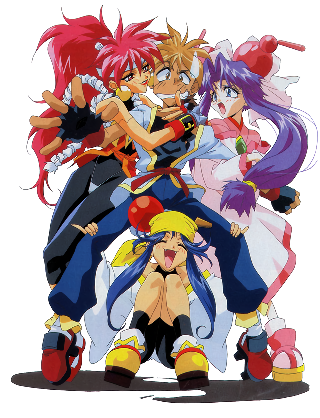 1990s_(style) 1boy bangs bike_shorts bloodberry blue_eyes blue_hair cherry_(saber_j) closed_mouth earrings fangs fingerless_gloves gloves grin high_ponytail hug jewelry lime_(saber_j) lipstick long_hair long_sleeves makeup mamiya_otaru official_art open_mouth outstretched_arm parted_lips pinky_out platform_footwear purple_hair red_eyes red_hair red_lips retro_artstyle saber_marionette_j sidelocks simple_background smile squatting standing sweatdrop white_background