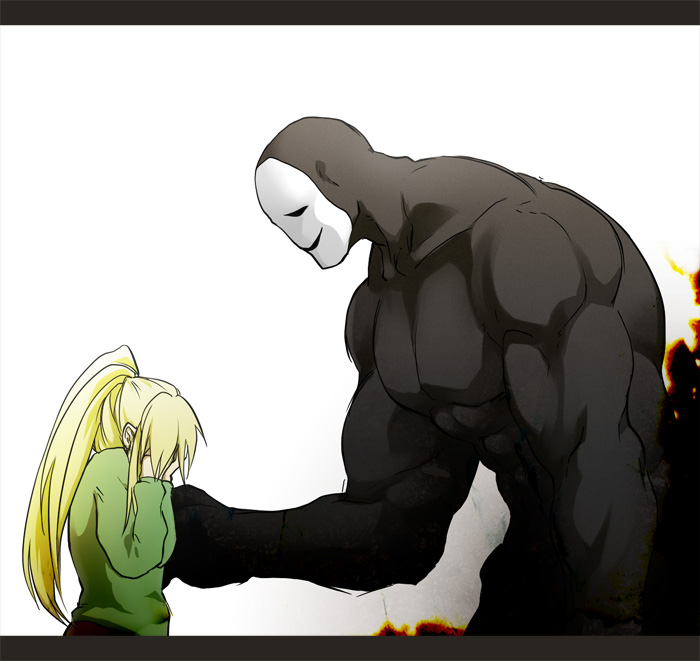 1boy 1girl bad_id bad_pixiv_id black_skin blonde_hair colored_skin covering_face dakkarubi dual_persona green_sweater long_sleeves mask muscular poniko ponytail sweater uboa upper_body white_background yume_nikki