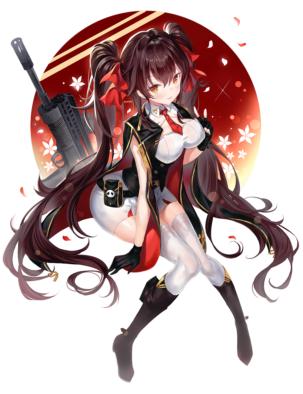 1girl assault_rifle black_gloves boots breasts brown_hair capelet commentary_request duplicate girls'_frontline gloves gun hair_ribbon highres knee_boots korean_commentary large_breasts long_hair narae necktie pixel-perfect_duplicate qbz-97 ribbon rifle simple_background sitting skirt smile thighhighs twintails type_97_(girls'_frontline) v very_long_hair weapon white_legwear