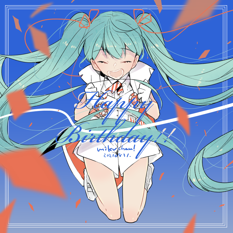 1girl aqua_hair clenched_hands closed_eyes commentary dated facing_viewer gloves hami_(lvct) happy_birthday hatsune_miku long_hair open_mouth shirt shoes short_shorts shorts socks solo twintails very_long_hair vocaloid white_footwear white_gloves white_legwear white_shirt white_shorts