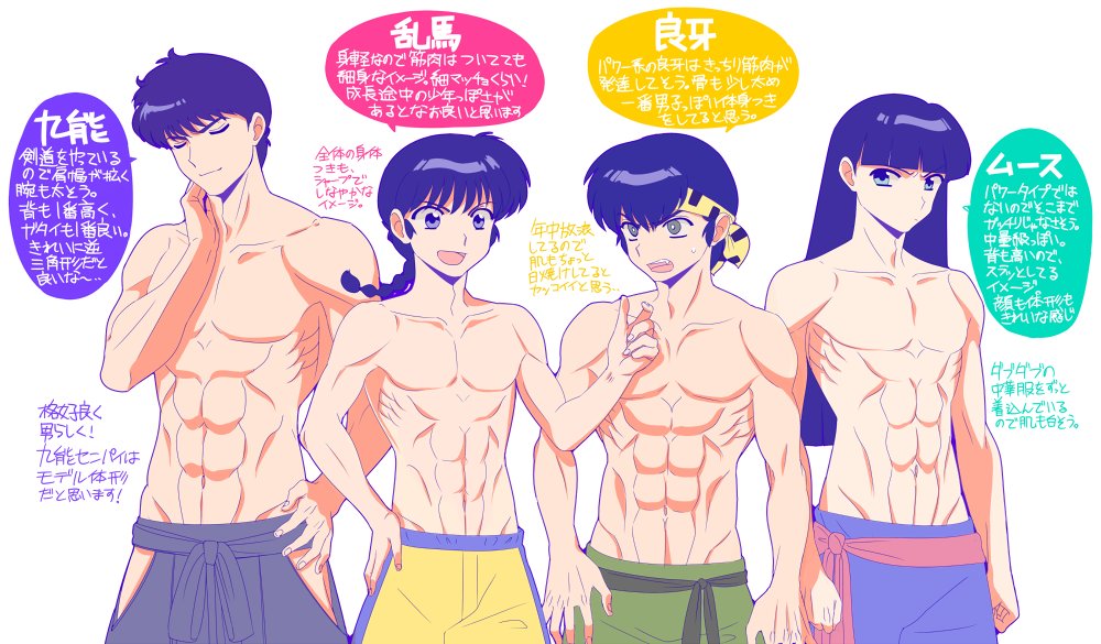 4boys :d abs animal_print arms_at_sides bandana bangs belt black_hairband black_hakama blue_shorts blunt_bangs braid closed_eyes collarbone commentary cowboy_shot curled_fingers furrowed_brow green_belt green_shorts hairband hakama hakama_pants hand_on_hip hand_up height_difference hibiki_ryouga japanese_clothes kunou_tatewaki leopard_print long_hair looking_ahead looking_at_another looking_at_viewer male_focus male_swimwear mousse_(ranma_1/2) multiple_boys muscular muscular_male navel open_mouth pants partially_translated pectorals ranma_1/2 red_belt saotome_ranma scratching_neck shirtless shorts side-by-side simple_background single_braid smile sweatdrop swim_trunks translation_request v-shaped_eyebrows white_background wizaldx yellow_shorts
