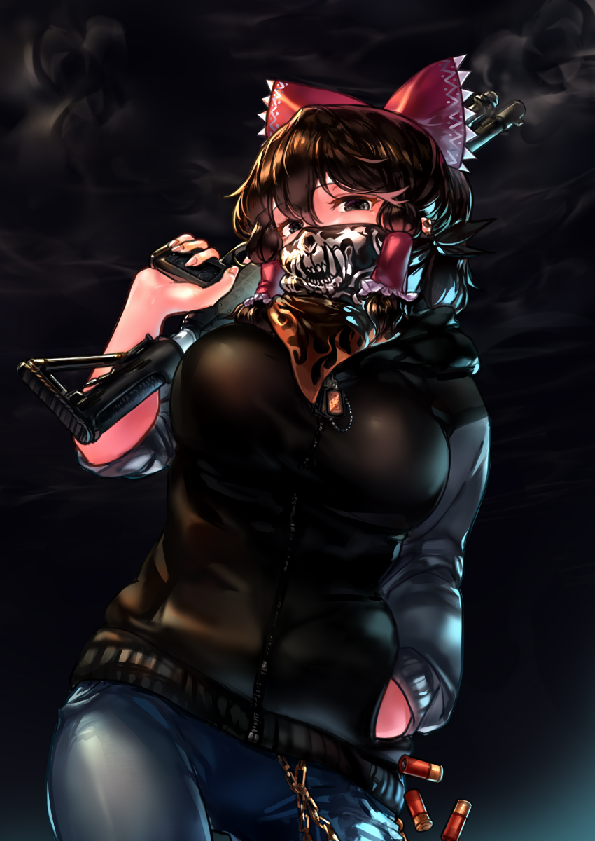 1girl black_background black_eyes black_hair black_hoodie blue_pants bow breasts chains commentary_request cookie_(touhou) covered_mouth cowboy_shot dark face_mask fingernails flame_print hair_between_eyes hair_bow hair_tubes hakurei_reimu hand_in_pocket hand_up headband highres holding holding_weapon hood hooded_jacket jacket large_breasts long_fingernails long_hair long_sleeves looking_at_viewer mask megafaiarou_(talonflame_810) name_tag pants red_bow scarf shell_casing sidelocks simple_background smoke solo touhou weapon weapon_request