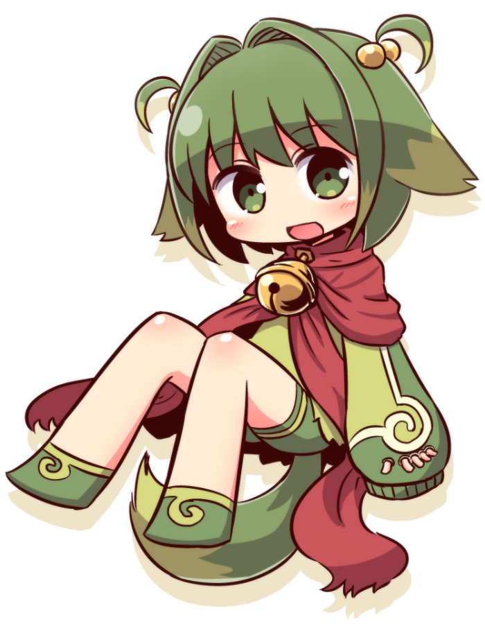1other :d androgynous arno bangs bell blush brown_hair chibi commentary_request dog_tail eyebrows_visible_through_hair full_body green_eyes green_footwear green_hair green_shirt green_shorts hair_between_eyes hair_bobbles hair_ears hair_intakes hair_ornament head_tilt jingle_bell long_sleeves looking_at_viewer multicolored_hair naga_u open_mouth puffy_long_sleeves puffy_sleeves red_scarf scarf shadow shirt short_hair short_shorts shorts sleeves_past_fingers sleeves_past_wrists smile summon_night tail two-tone_hair two_side_up white_background