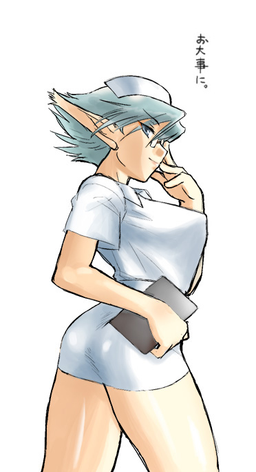 ass blue_hair breasts breath_of_fire breath_of_fire_v dr.p flat_ass glasses large_breasts nurse pointy_ears short_hair solo white_background zeno_1/128