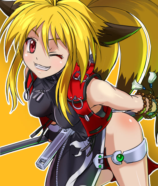 1girl animal_ears blonde_hair breasts dress fox_ears haruyama_kazunori long_hair looking_at_viewer multicolored_hair one_eye_closed project_x_zone red_eyes simple_background smile solo two-tone_hair weapon xiaomu zipper
