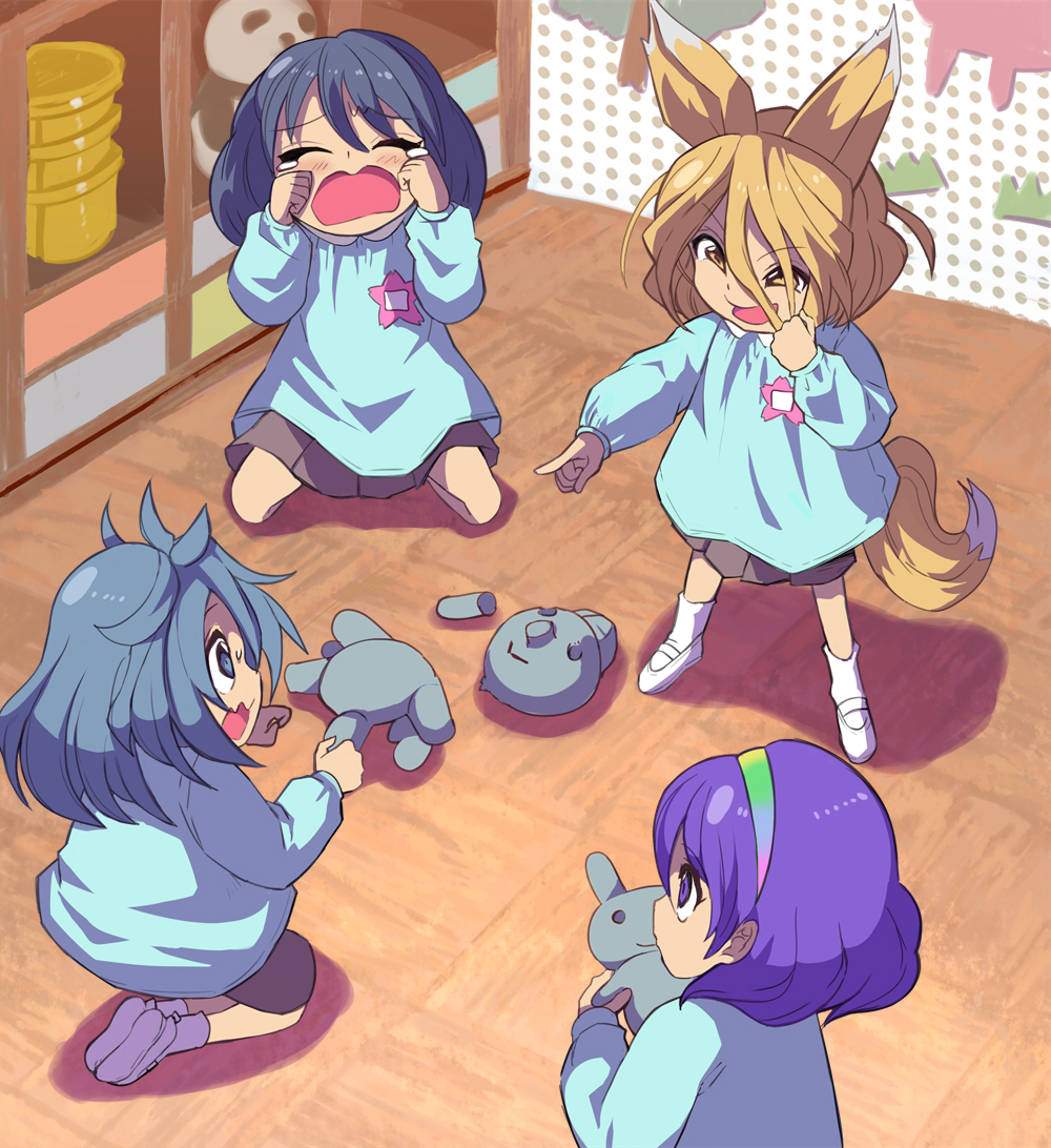 4girls animal_ears badge blonde_hair blue_eyes blue_hair blush broken brown_eyes bucket child crying eyebrows_visible_through_hair fox_ears fox_girl furrowed_brow hair_between_eyes himemushi_momoyo iizunamaru_megumu kindergarten_uniform kudamaki_tsukasa messy_hair multicolored multicolored_clothes multicolored_headwear multiple_girls open_mouth panda pointing purple_eyes purple_hair seiza shope short_hair sitting skirt stuffed_animal stuffed_toy tenkyuu_chimata toddler touhou toy younger