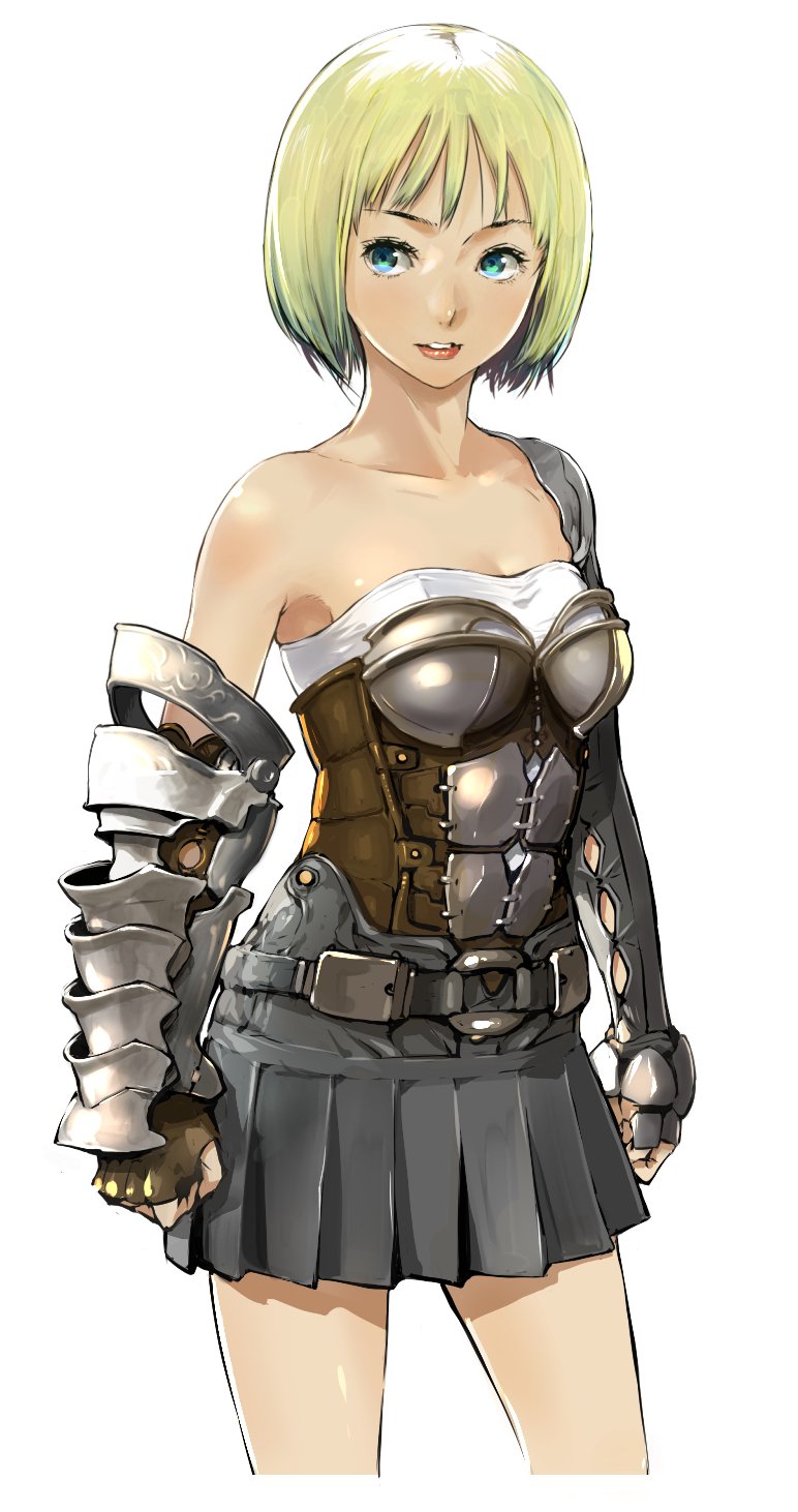 1girl armor bare_shoulders black_gloves blonde_hair blue_eyes boobplate breasts cleavage collarbone cowboy_shot cropped_legs enami_katsumi fingerless_gloves gloves grey_skirt highres looking_at_viewer medium_breasts miniskirt original parted_lips pauldrons pleated_skirt shiny shiny_hair short_hair shoulder_armor simple_background single_bare_shoulder single_pauldron skirt solo standing vambraces white_background