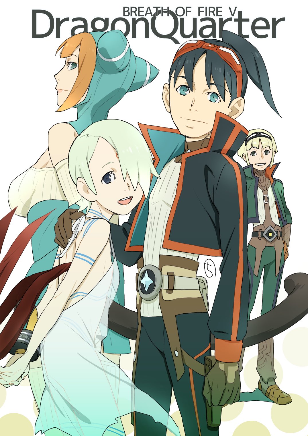 2boys 2girls animal_hood black_hair blonde_hair bosch_1/64 breasts breath_of_fire breath_of_fire_v cat_hood closed_mouth dress facial_mark full-body_tattoo gloves green_hair hair_over_one_eye highres hood kobayashi_chizuru lin_(breath_of_fire) looking_at_viewer multiple_boys multiple_girls nina_(breath_of_fire_v) open_mouth orange_hair red_wings ryuu_(breath_of_fire_v) see-through simple_background smile tail tattoo thighhighs white_background white_dress wings