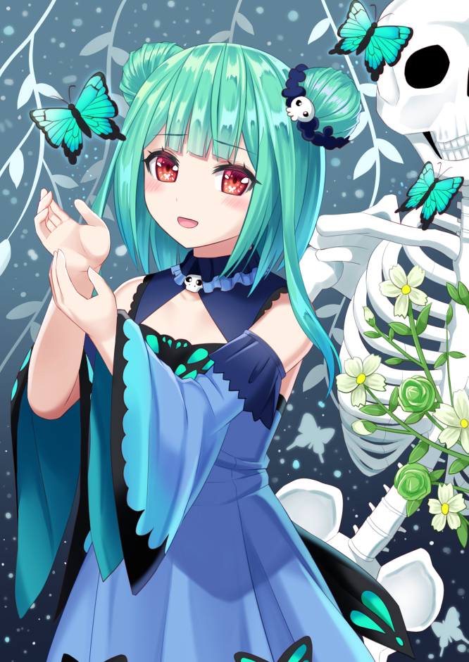 1girl :d animal bangs bare_shoulders blue_dress blue_sleeves blunt_bangs blush bug butterfly commentary_request detached_sleeves double_bun dress eyebrows_visible_through_hair flower green_hair hair_ornament hands_up hololive long_sleeves looking_at_viewer open_mouth red_eyes revision ribs skull skull_hair_ornament sleeveless sleeveless_dress smile solo tukino_neru uruha_rushia virtual_youtuber white_flower wide_sleeves