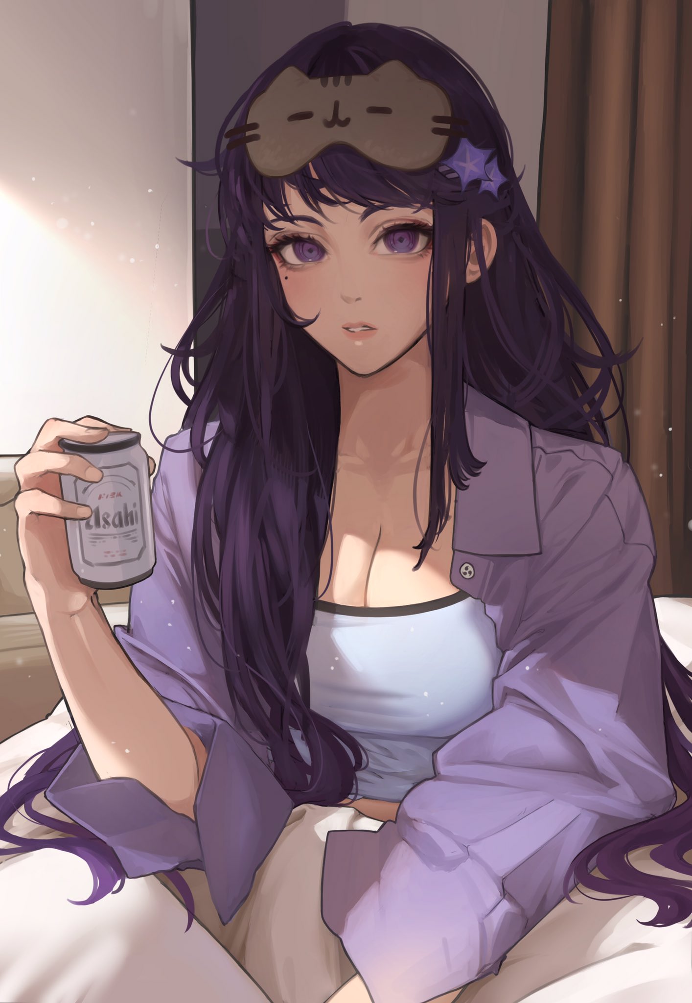 1girl breasts can cleavage collarbone collared_shirt commentary english_commentary genshin_impact highres holding holding_can indoors long_hair long_sleeves lumiphi mole mole_under_eye open_clothes open_shirt parted_lips purple_eyes purple_hair purple_shirt raiden_shogun shirt sidelocks sitting sleep_mask solo white_shirt