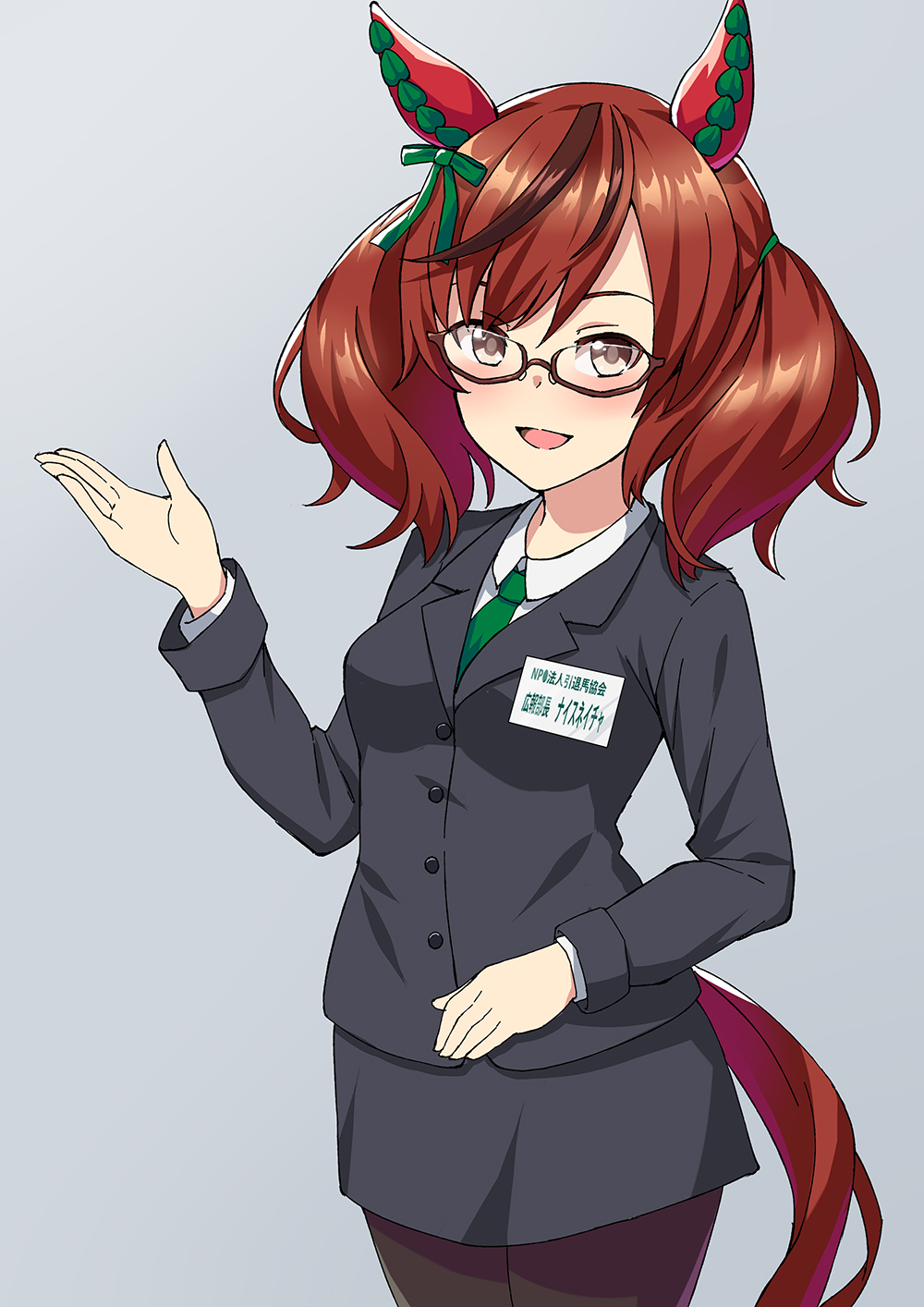 1girl alternate_costume animal_ears blush breasts brown_eyes commentary_request formal glasses grey_background highres horse_ears horse_girl horse_tail kuro_oolong medium_breasts necktie nice_nature_(umamusume) open_mouth pantyhose red_hair simple_background solo suit tail umamusume