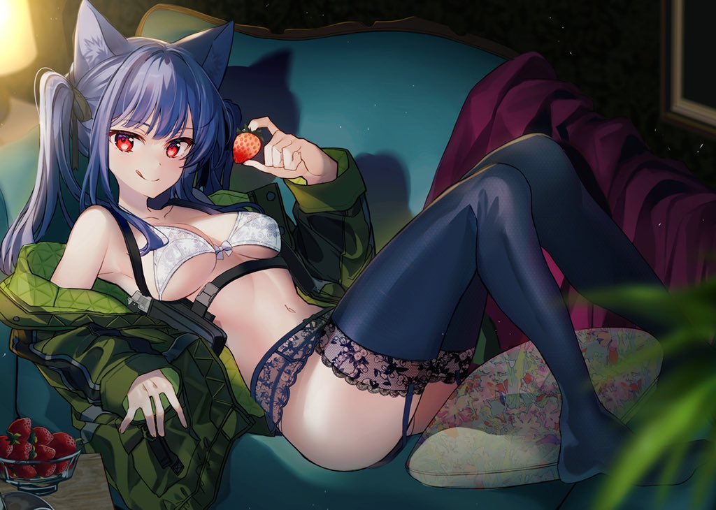 1girl :q animal_ears armpits ass bare_shoulders belt black_hair black_legwear bra breasts cat_ears closed_mouth food front-tie_bra front-tie_top fruit garter_belt green_jacket hair_ribbon holding jacket kawachi_rin knees_up lingerie long_hair looking_at_viewer lying medium_breasts navel no_shoes off_shoulder on_back original reclining red_eyes ribbon smile solo stomach strawberry thighhighs tongue tongue_out twintails underwear underwear_only white_bra