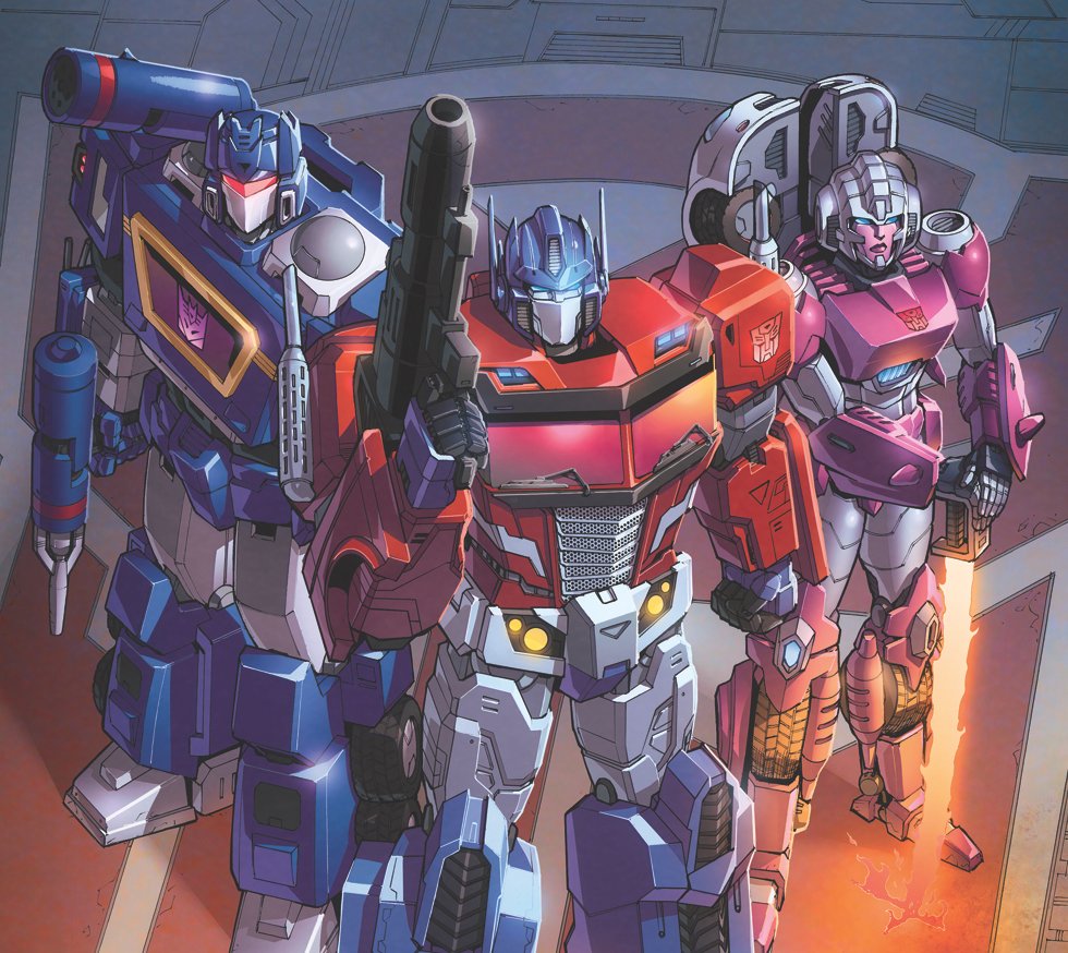 1girl 2boys arcee autobot blue_eyes casey_w._coller clenched_hand comic_cover cropped decepticon energy_sword english_commentary glowing glowing_eyes gun holding holding_gun holding_sword holding_weapon joana_lafuente looking_up mecha multiple_boys no_humans optimus_prime science_fiction soundwave standing sword the_transformers_(idw) transformers visor weapon