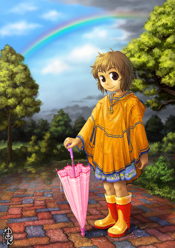 1girl after_rain bangs blue_skirt blue_sky boots brown_eyes brown_hair closed_mouth cloud commentary_request dated day full_body looking_at_viewer original poncho rain rainbow red_footwear rubber_boots short_hair signature skirt sky smile solo standing tree two-tone_footwear umbrella water yellow_footwear yukiman