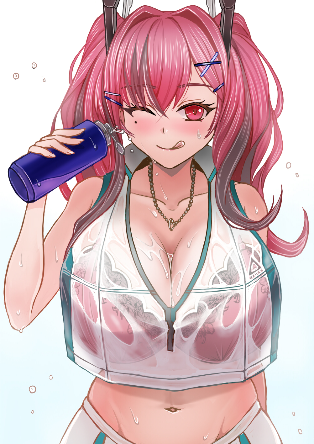 1girl ;q azur_lane bangs bare_shoulders blue_background blush bottle bra bra_through_clothes breasts bremerton_(azur_lane) bremerton_(scorching-hot_training)_(azur_lane) cleavage collarbone collared_shirt commentary_request cowboy_shot crop_top crop_top_overhang crossed_bangs eyebrows_visible_through_hair gradient gradient_background green_skirt grey_hair groin hair_between_eyes hair_intakes hair_ornament hairclip hand_up heart heart_necklace highres holding holding_bottle large_breasts long_hair looking_at_viewer midriff mole mole_under_eye multicolored_hair navel one_eye_closed pink_bra pink_eyes pink_hair sai-go see-through_shirt shirt sidelocks simple_background skirt sleeveless sleeveless_shirt smile solo sportswear standing streaked_hair sweat tennis_uniform tongue tongue_out twintails two-tone_hair two-tone_shirt two-tone_skirt underwear water_bottle wet wet_clothes wet_shirt white_background white_shirt white_skirt x_hair_ornament