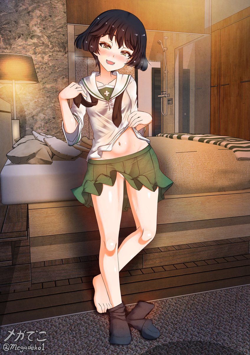 1girl aquaegg bed black_hair blush breasts brown_eyes cameltoe collarbone covered_nipples eyebrows_visible_through_hair girls_und_panzer green_skirt groin highres impossible_clothes impossible_skirt indoors looking_at_viewer miniskirt navel no_panties ooarai_school_uniform open_mouth pleated_skirt school_uniform shiny shiny_hair shiny_skin short_hair skirt small_breasts smile solo undressing utsugi_yuuki