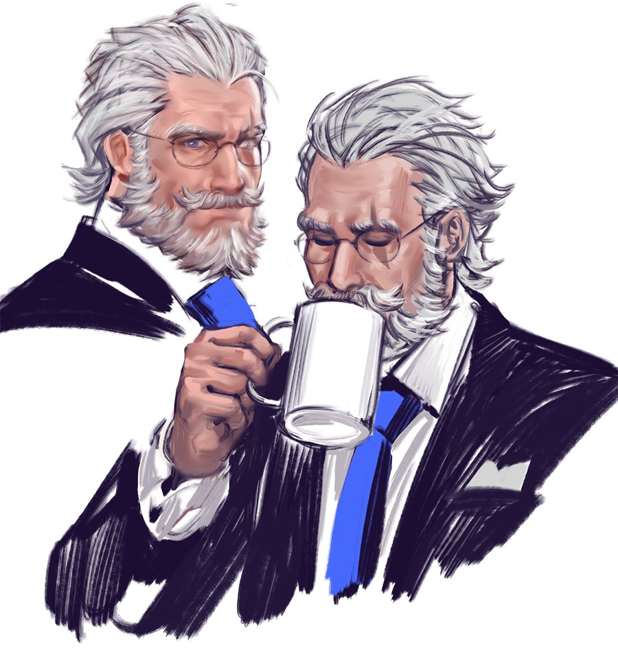 1boy beard blind blue_eyes cup drinking facial_hair glasses hair_slicked_back holding holding_cup jang_ju_hyeon male_focus mature_male mug multiple_views mustache necktie old old_man overwatch reinhardt_(overwatch) round_eyewear scar scar_across_eye short_hair thick_eyebrows white_background white_hair wrinkled_skin