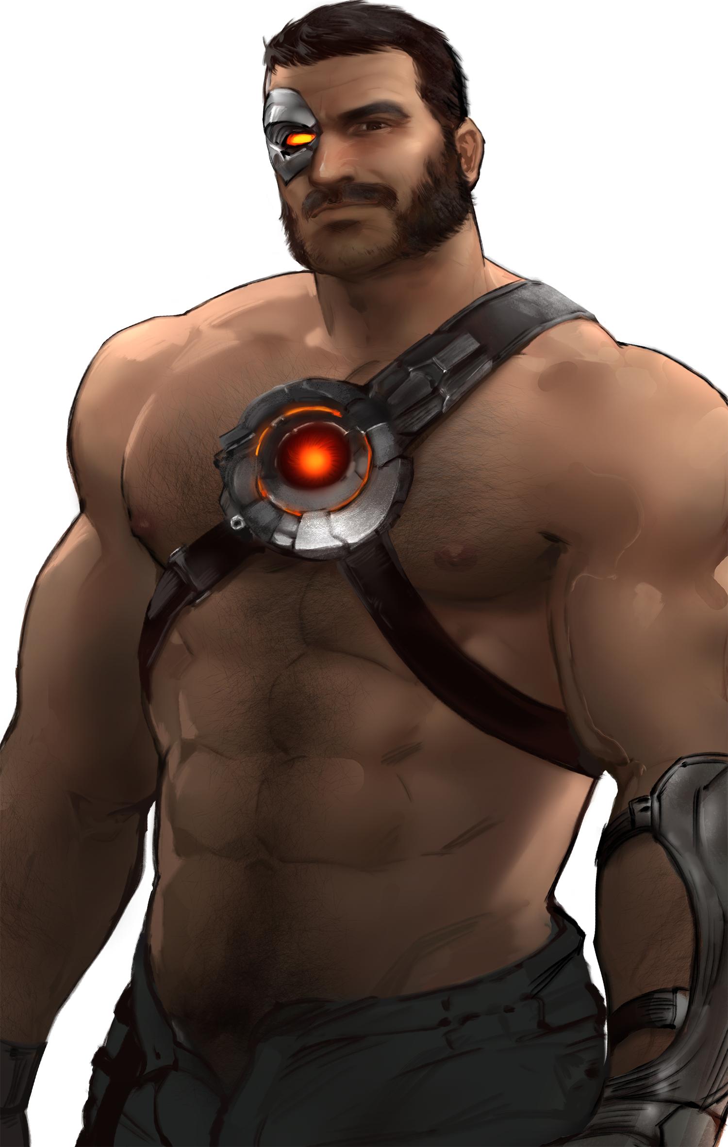 1boy abs arm_hair bara beard brown_hair bulge chest_hair chest_harness cowboy_shot eye_mask facial_hair flaccid glowing harness highres jang_ju_hyeon kano_(mortal_kombat) large_pectorals looking_at_viewer male_focus male_pubic_hair mature_male mortal_kombat muscular muscular_male mustache navel navel_hair nipples open_fly pectorals penis penis_peek pubic_hair pubic_hair_peek shirtless short_hair solo stomach thick_eyebrows