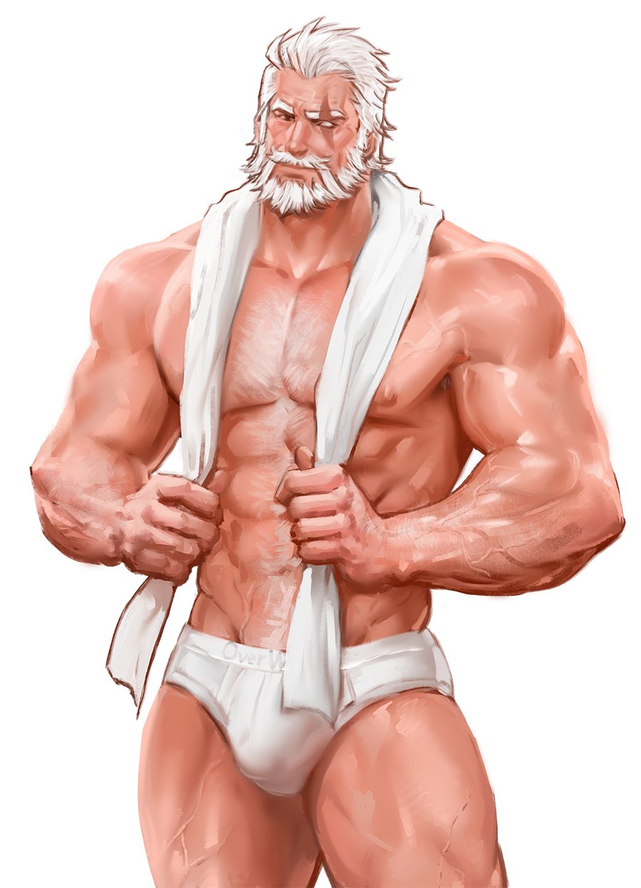 1boy abs arm_hair bara beard blind briefs bulge chest_hair facial_hair feet_out_of_frame hair_slicked_back head_tilt highres jang_ju_hyeon large_pectorals looking_at_viewer male_focus male_underwear mature_male muscular muscular_male mustache navel navel_hair nipples old old_man overwatch pectorals reinhardt_(overwatch) scar scar_across_eye short_hair solo stomach thick_eyebrows thighs towel towel_around_neck underwear underwear_only white_background white_hair white_male_underwear wrinkled_skin