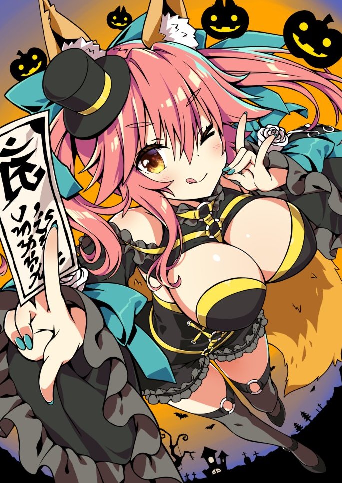 1girl animal_ear_fluff animal_ears bangs bare_shoulders between_fingers black_bra black_headwear black_legwear black_shorts blue_bow blush bow bra breasts cleavage commentary_request eyebrows_visible_through_hair fate/extra fate_(series) fingernails fox_ears fox_girl fox_shadow_puppet fox_tail hair_between_eyes hair_bow hat jack-o'-lantern large_breasts licking_lips long_hair long_sleeves looking_at_viewer mini_hat one_eye_closed pink_hair sasorigatame shorts shrug_(clothing) sidelocks smile solo tail talisman tamamo_(fate) tamamo_no_mae_(fate/extra) thighhighs tongue tongue_out top_hat twintails underwear yellow_eyes