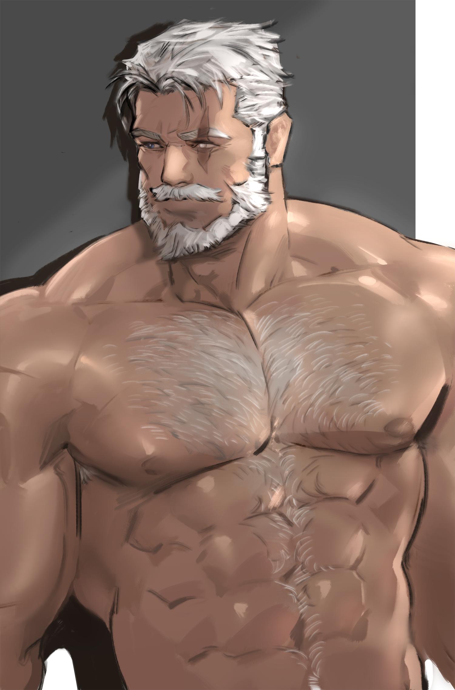 1boy abs bara beard blind blue_eyes chest_hair facial_hair hair_slicked_back highres jang_ju_hyeon large_pectorals looking_to_the_side male_focus mature_male muscular muscular_male mustache navel navel_hair nipples nude old old_man overwatch pectorals reinhardt_(overwatch) scar scar_across_eye short_hair solo stomach thick_eyebrows upper_body white_hair wrinkled_skin